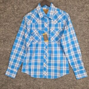 Wrangler Retro Western Shirt Mens Medium Blue Plaid Pearl Snap Modern Fit NWT